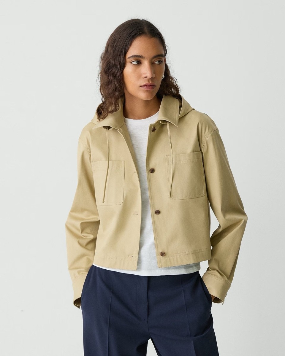 THEORY Women's Hooded Cotton Chino Crop Jacket,Trench(Khaki),Size
