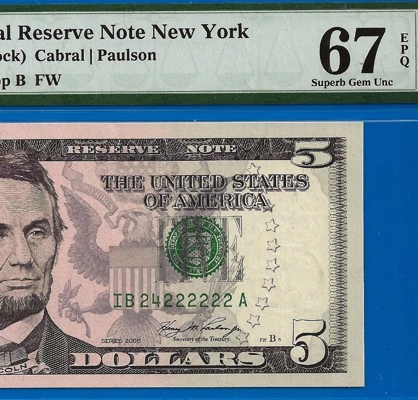 2006 $5 Federal Reserve Note PMG 67EPQ 2nd finest near solid serial 24222222 - Image 4 of 4