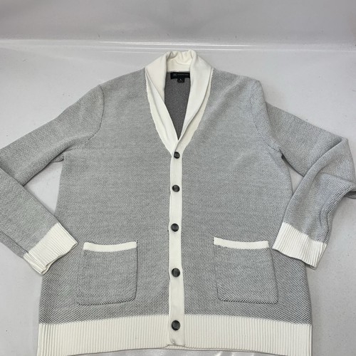 INC Cardigan Men Large Button Up White Gray Texture Grandpa Sweater 100% Cotton - Picture 6 of 11