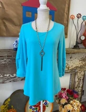 H by Halston Turquoise French Terry 3/4 Pleated Sleeves Tunic Top XXS New
