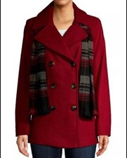 London Fog Women's Double-breasted Pea Coat In Red With Plaid Scarf Size Xl