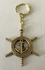  Brass Ship Wheel with Anchor Key Chain Nautical Maritime Key Ring 4" Long New