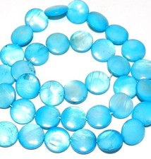 MP627 Caribbean Blue 12mm Puffed Round Coin Mother of Pearl Shell Beads 15"