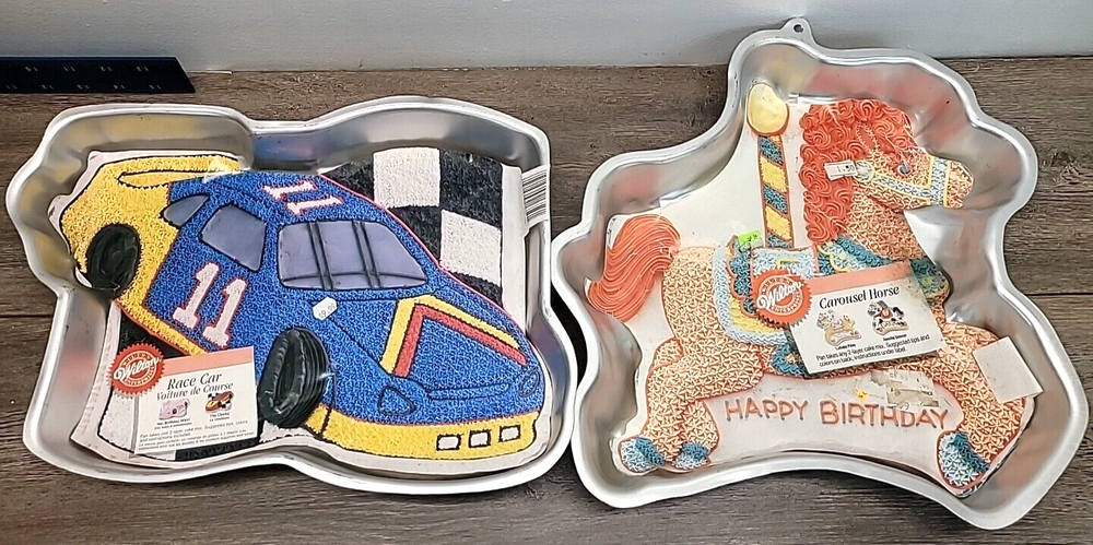 Two Vintage Wilton Chicago Baking Cake Pans Hot Rod Race Car + Carousel Horse