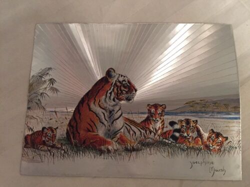 Vintage Josephine Marsh Foil Art Print Tiger and Cubs. King. England. 6x8  Inch