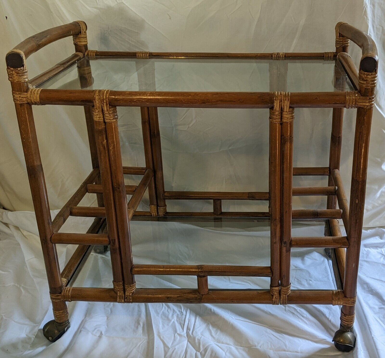 Vintage Mid Century Bamboo Rattan Glass 2 Tier Bar Serving Cart 