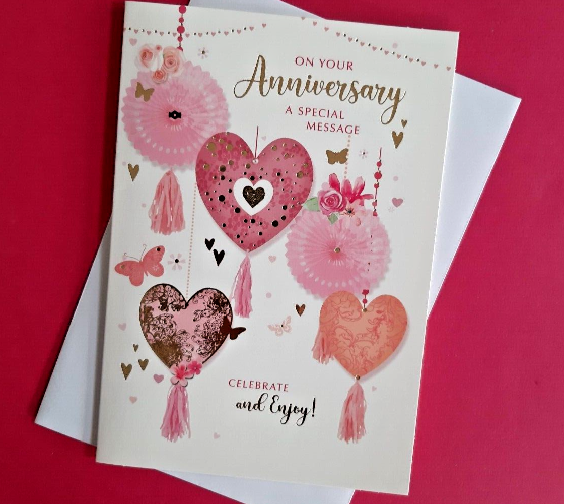 Anniversary Card Pink Hearts Special Message On Your Celebrate Enjoy 19x13cm
