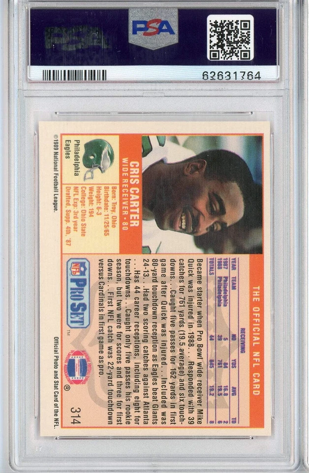 Tarjeta de fútbol americano de radiocontrol de novato Cris Carter #314 Pro Set 1989 graduada PSA 10 gemas como nueva Foto 2 de 2