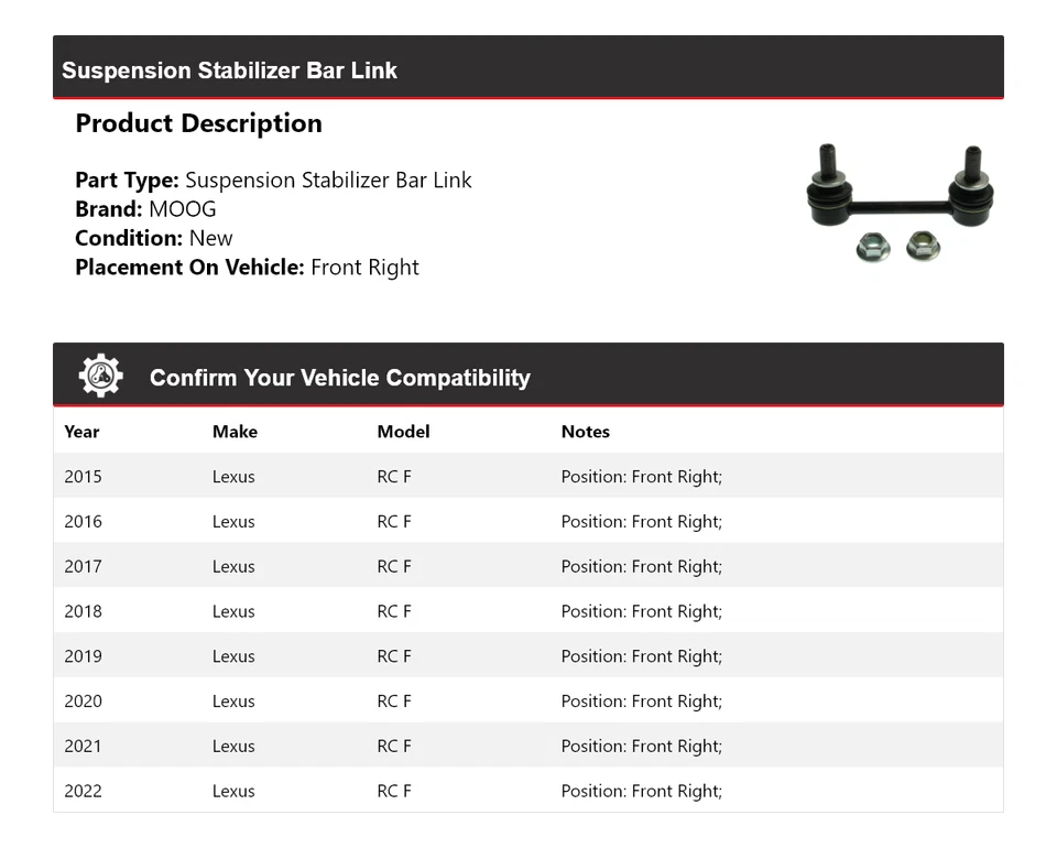 Barra estabilizadora de suspensión delantera derecha MOOG 2015-2022 para Lexus RC F Foto 2 de 4