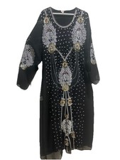 Luxury Black Moroccan African Kaftan Beaded Stones Silver Gold Red Party Gown L