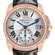 Cartier Calibre 38 Silver Dial Rose Gold Diamond Mens Watch WF100013