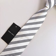 Giorgio Armani Silk Tie Navy Blue Stripe Unused with Tag Wedding Party Formal