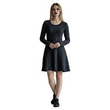 Simply Vera Wang Dress S Black Blue Jacquard Darkfairy Long Sleeve Fit & Flare