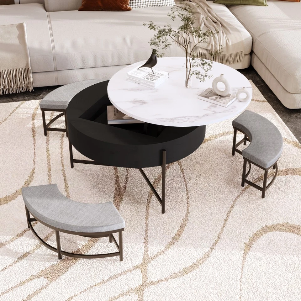 Modern Round Lift Top Coffee Table with Storage 3 Ottoman White and Black - Image 4 of 4