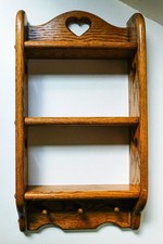 Vintage Oak Wood Heart Cutout Wall Shelf 3-Tier Pegs Scalloped 21 x 11-1/2