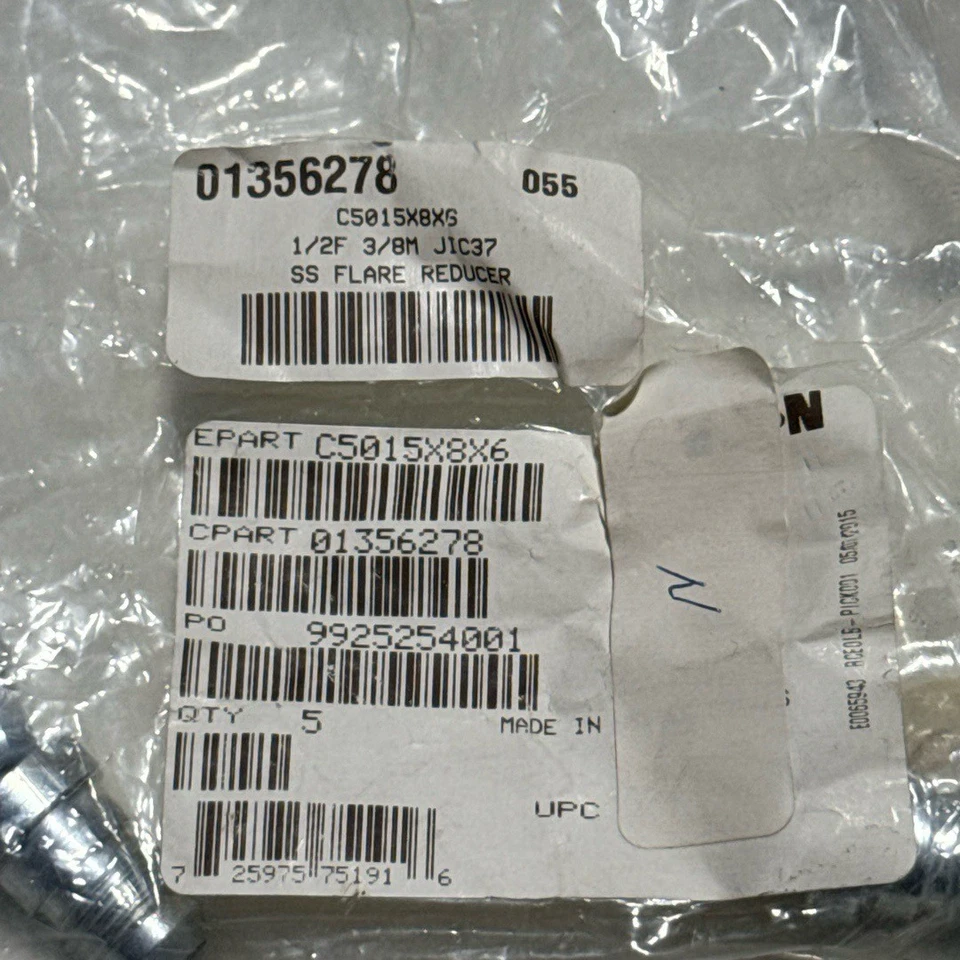 Eaton C5015X8X6 Hydraulic Hose Fitting 1/2F 3/8M JIC37 SS FLARE REDUCER (5PK) - Image 4 of 4