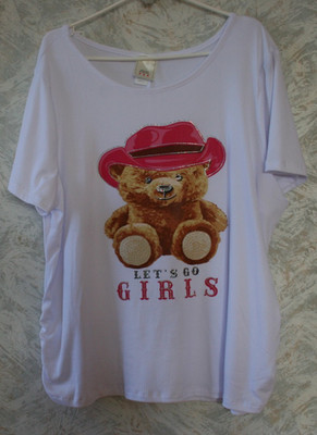 LET'S GO, GIRLS BEAR print t-shirt top.Size 3X.White.Rhinestone embellished.NWOT