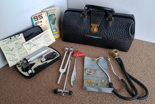 Hewlett-Packard Rappaport Sprague Stethoscope WA Otoscope Vintage Lilly MD Bag +