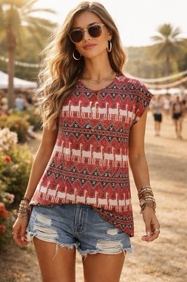 Vintage 70s Beeline Llama Print Sleeveless Top Sz Medium Festival Ethnic Boho