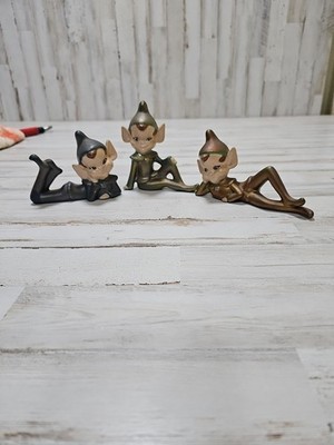 Vintage Ceramic Pixie Elf Figurine Knee Up Pointed Ears MCM Decor  Lot Of 3