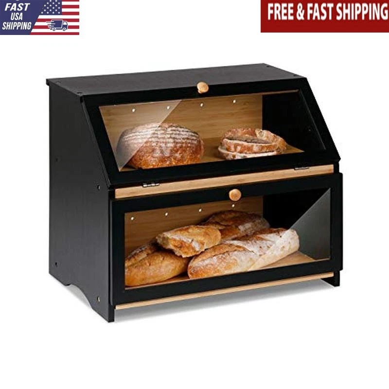 Kitchen Counter Double Layer Large Bread Box Clear Plexiglass Window Storage Bin