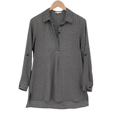 Pleione Geometric Blouse XS Black Tan Career Minimalist Tunic Work Shirt Top