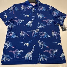 Birdie Bound Men's Short Sleeve Blue Dinosaur Print Golf Polo Shirt - Size XL