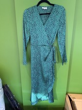 Dancing Leopard Teal Leopard Print Wrap Midi Dress Size 12 | Long Sleeve Tie