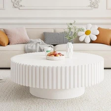 39.37" White Round Coffee Table Handcrafted Relief Sturdy Pedestal Tea Table