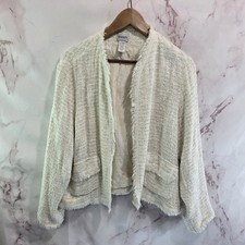Chicos Jacket Womens Large 2 White Cream Blazer Tweed Metallic Silver Fringe