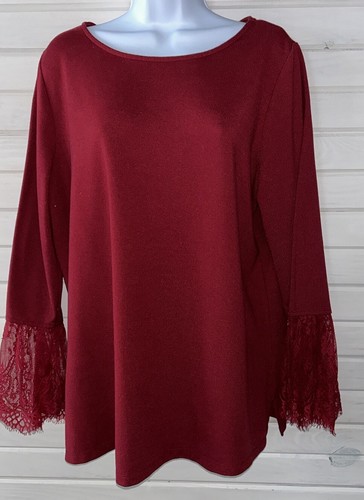 Belle By Kim Gravel Sz LARGE Cranberry Red Knit Tunic Lace Trim Bell Sleeves EUC - Picture 2 of 12