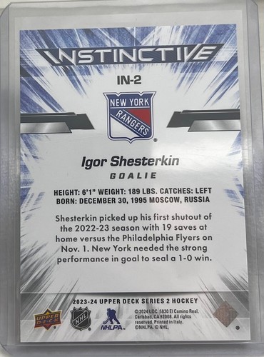 Igor Shesterkin 2023-24 Upper Deck Series 2 Instinctive Hockey Card #IN2 Rangers - Picture 2 of 2