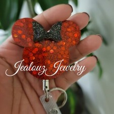 Red Glitter Made With Minnie Mouse Black Bow Heavy Duty Badge Reel Holder