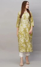 Women Indian Kurta; Green  White Floral Embroidered Printed Cotton Kurta