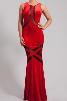 Red Velour Velvet Black Mesh Hourglass Mermaid Maxi Dress Gown S | eBay