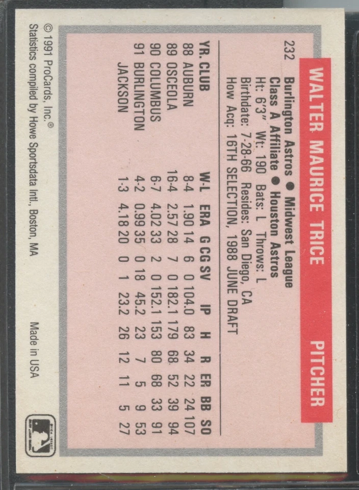 1991 ProCards Minor League #232 Wally Trice Burlington Astros - Image 2 of 2