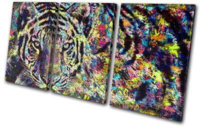 Wilder Tiger Raubkatze bunt bemalt Tiere VOLL LEINWAND WANDBILD Bild Druck