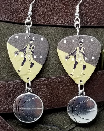 Los Angeles Lakers Nick Young Guitar Pick Earrings with Basketball Charms - Picture 3 of 4