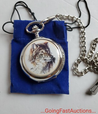 Vtg NIB Al Agnew Wolf Art Pocket Watch Westminster Silver Tone Brand New