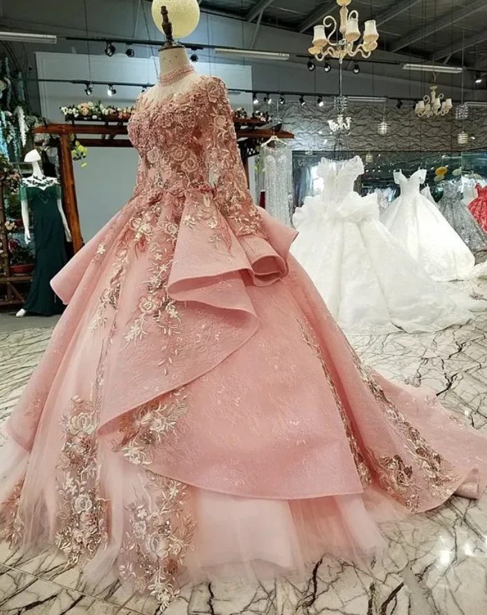 Lujosos vestidos de novia rosa de encaje línea A con mangas largas D cordones florales Plus Foto 2 de 4