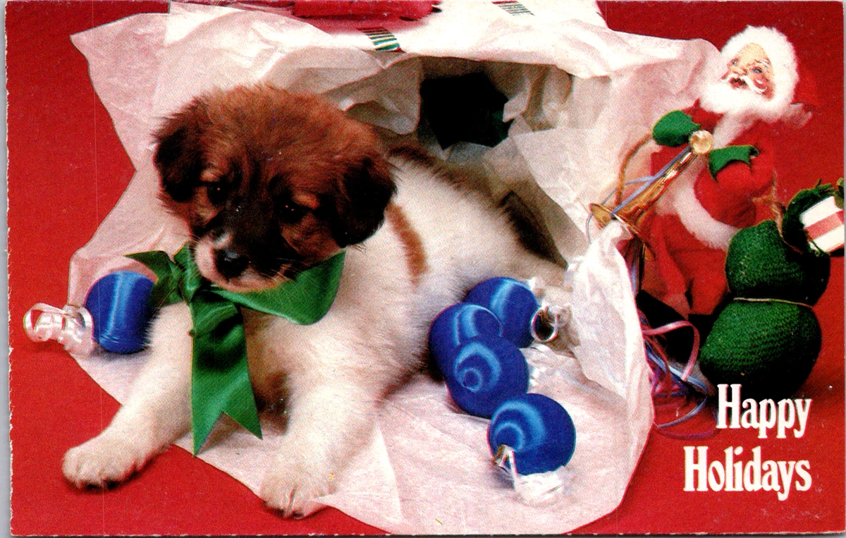 Christmas puppy ornaments Santa bow cute brown white dog vtg eBay
