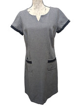 Talbots Dress Sz 12 Midi Sheath Navy White Houndstooth Business Party Nice