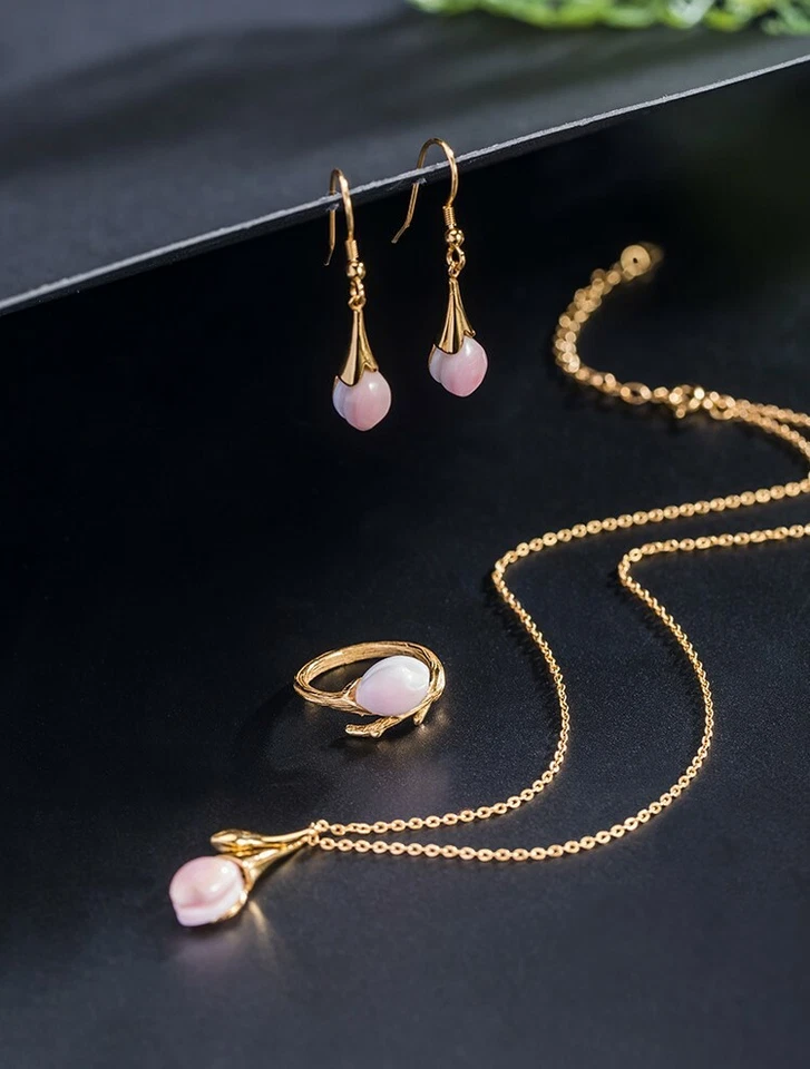 I04 Set Gioielli Fiore con Rosa Guscio Collana Ciondolo Orecchini Anello Argento - Immagine 2 di 3