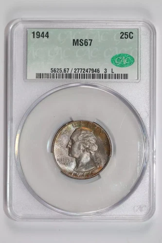 1944 WASHINGTON QUARTER CACG MS67 PRETTY COLOR, VERY PQ!