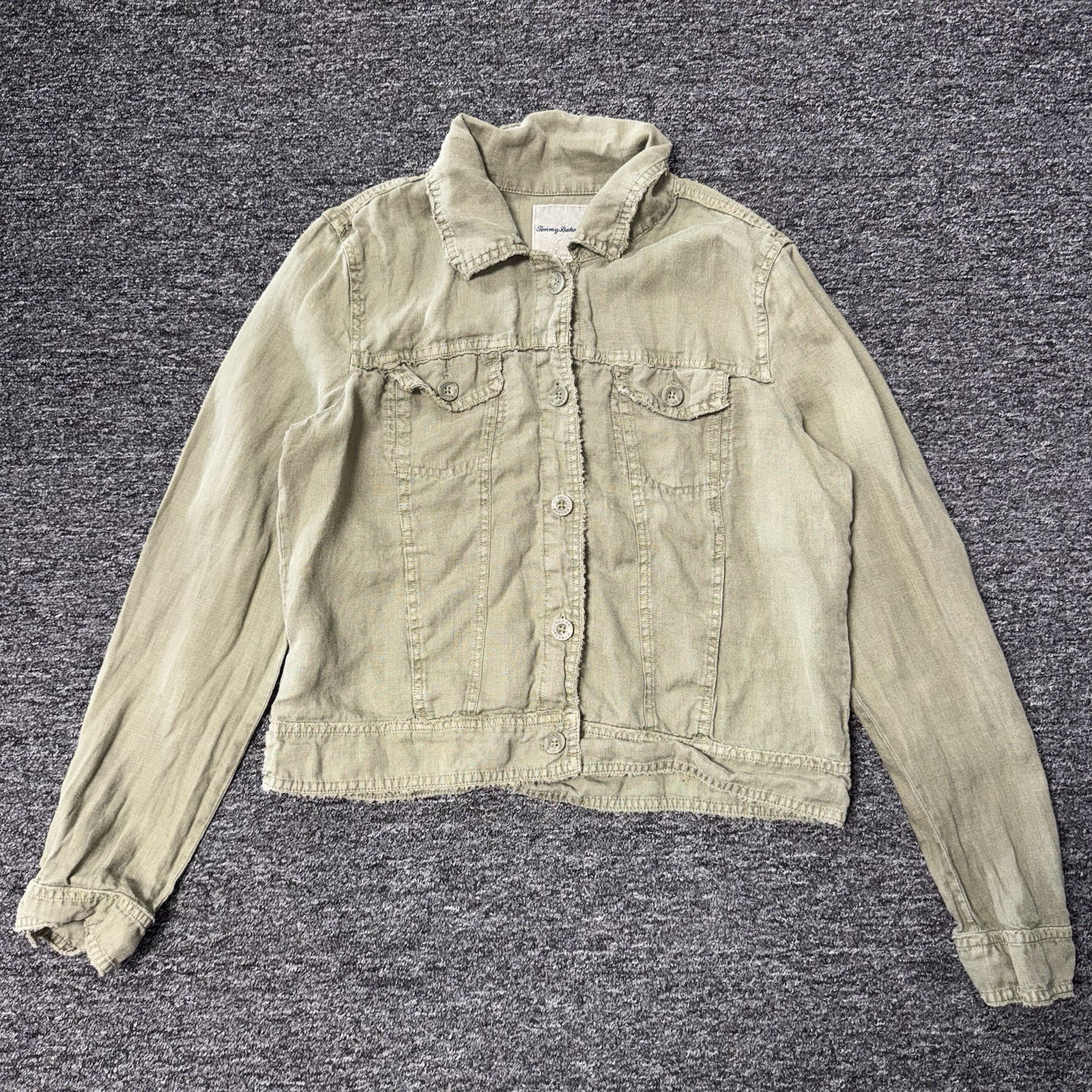 Women’s Tommy Bahama Raw Edge Faded Olive Green 100% Linen Button-Up Jacket Sz M