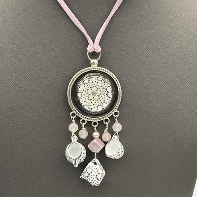 Artisan Tea Time Miniature Ceramic Dreamcatcher Rose QuartzSilver Tone Pendant 