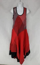 Mara Gibbucci Long Dress Red Black Stripe Multi-Print 100% Linen Swing Pockets