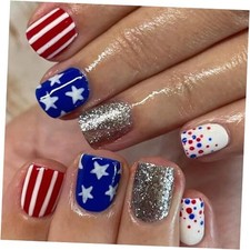 4th of July Press on Nails Short Square Fake Dots Star Glitter Line Designs