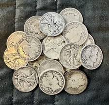 LOT OF 20 X 90% SILVER HALF DOLLARS - 12 BARBERS & 8 WALKING LIBS $10 FACE VALUE