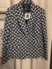 Vtg Kasper Women s Blue/White Geometric Button Front Lined Short Jacket Sz 8